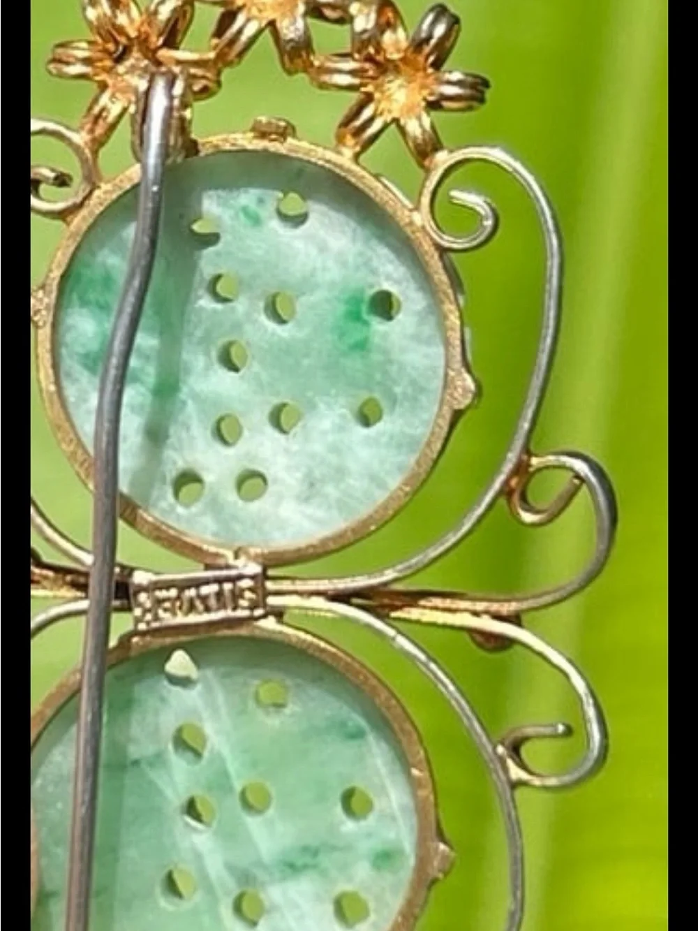 Chinese Export Gold Vermeil Filigree Silver Carved Jade Jadeite butterfly pin